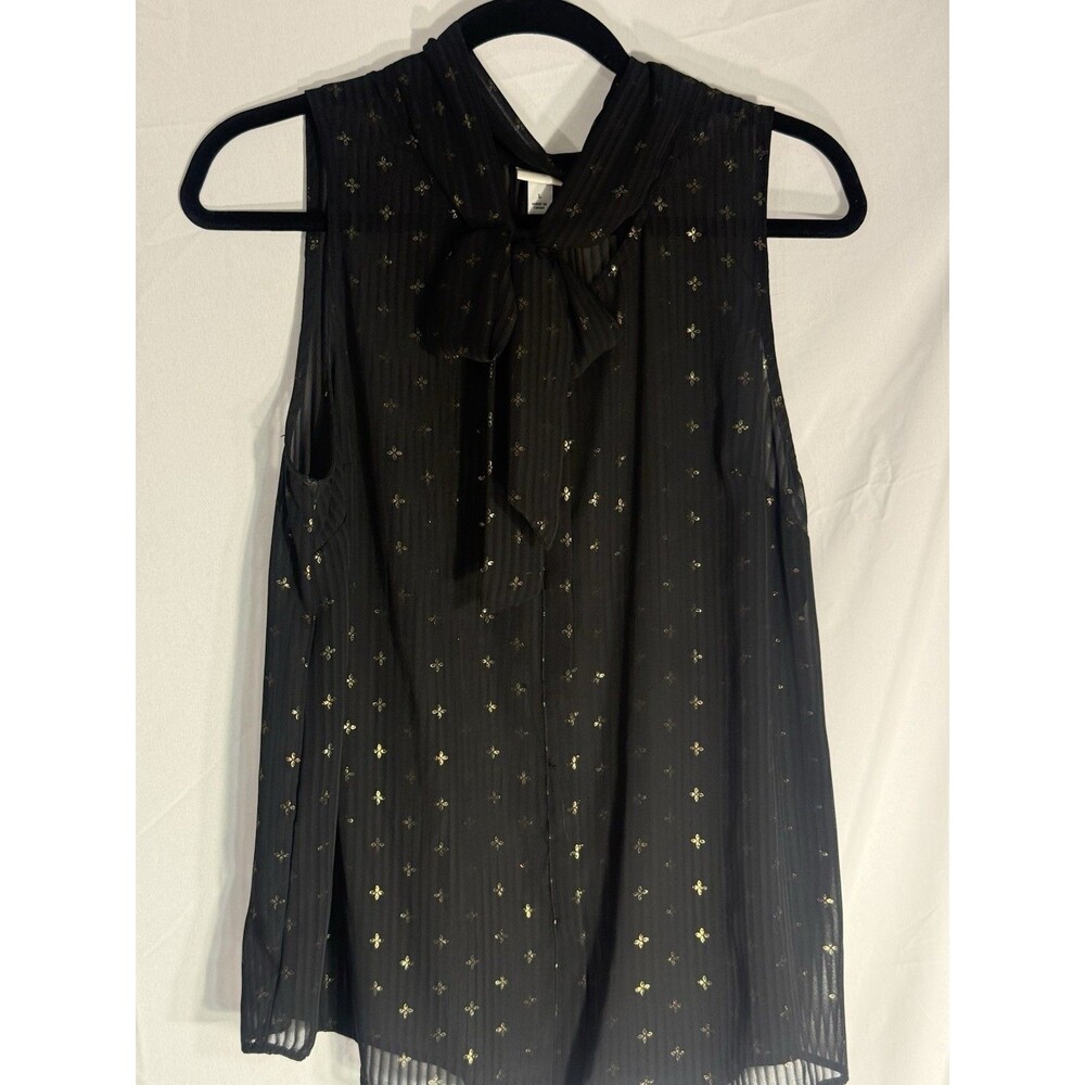 A New Day Women's Black Tie Neck Sheer Metallic Sleeveless Blouse Size L